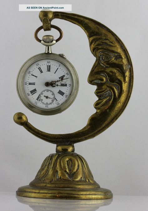 Magnificent Antique Moon Art Nouveau Pocket Watch Holder Brass Metalware photo Moon Art Nouveau, Moon Clock, Mackintosh Design, Vintage Celestial, Unusual Clocks, Classic Clocks, Cool Clocks, Watch Holder, Pocket Watch Antique