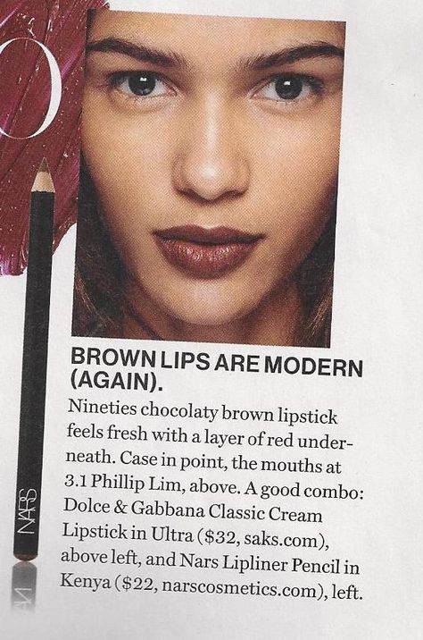 Brown lips are in again...helloooo 90's! Source: Glamour Magazine 90s Brown Lipstick, 90s Brown Lip, 90s Lip, 90s Beauty, Brown Lips, Bobbi Brown Lipstick, 90s Nails, Lipstick Ad, Hair References