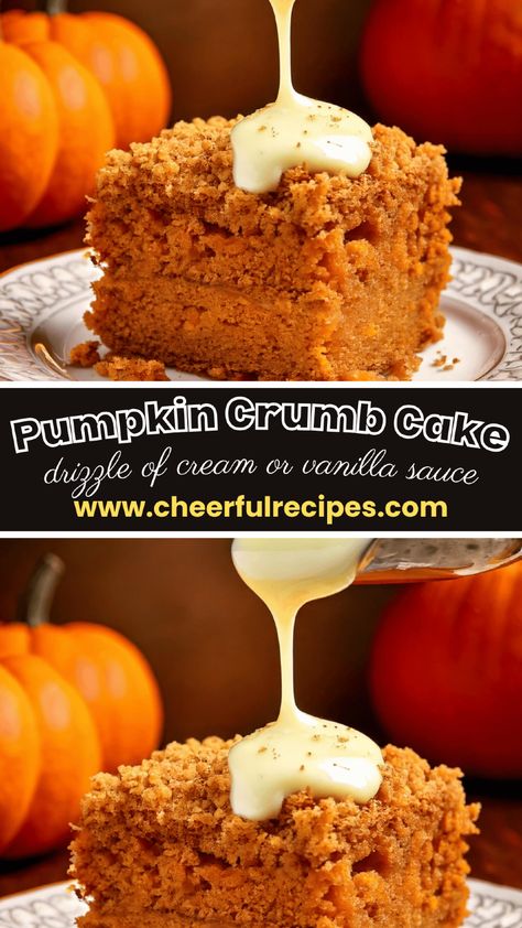 🎃 Fall Treat Alert! Pumpkin Crumb Cake Magic 🎃  Get ready to FALL in love with this moist, spiced Pumpkin Crumb Cake topped with a dreamy drizzle of cream or vanilla sauce. 🍂✨  One bite, and you’re transported to pumpkin-spice heaven!  Save this pin for your next autumn baking day, or tell us in the comments:  Are you team vanilla sauce or cream drizzle? ❤️👇  #PumpkinSpiceSeason #FallBaking #CozyDesserts #PumpkinCrumbCake Crumb Cake Topping, Pumpkin Crumb Cake, Pumpkin Magic Cake, Crumb Topping Recipe, Cake Magic, Whipped Cream Desserts, Autumn Baking, Crumb Cake Recipe, Easy Sweets