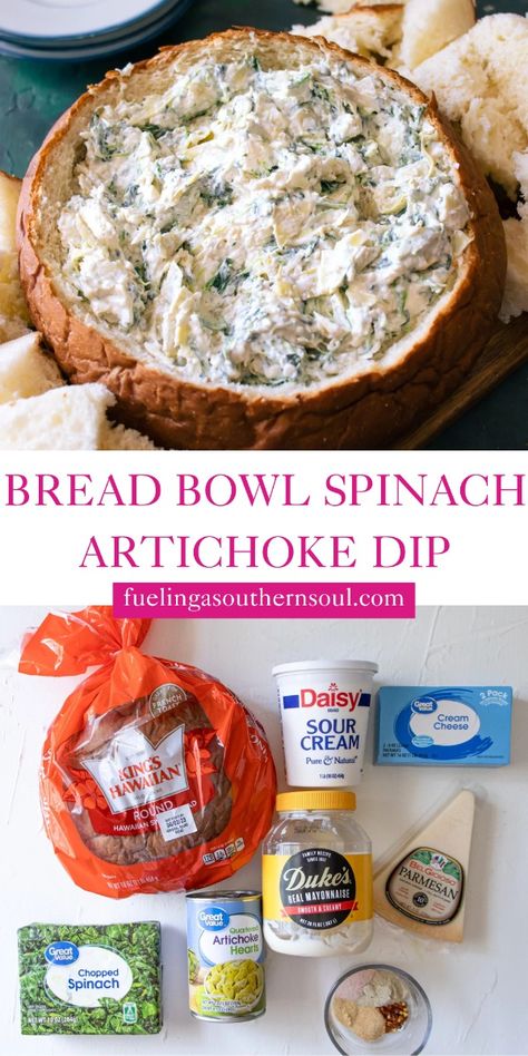 No baking, no cooking — so easy! This creamy spinach and artichoke dip is a classic Southern appetizer that can be made in just 10 minutes. Served cold in a Hawaiian bread bowl, it’s my go-to dip for hosting when I’m short on time. Spinach Dip Recipe Easy, Recipe For Spinach, Southern Appetizers, Baked Spinach Artichoke Dip, Cold Dip Recipes, Hawaiian Bread, Spinach And Artichoke Dip, Spinach Dip Recipe, No Cook