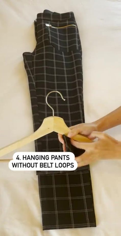 Hanging Pants Hacks, Best Way To Hang Dress Pants, Hanging Long Shirts In Closet, How To Hang Pants In Closet Small Spaces, Clothes Hanging Hacks, Hanging Clothes Hacks, Hanging Pants On Hanger, How To Hang Dress Pants, How To Hang Leggings In Closet