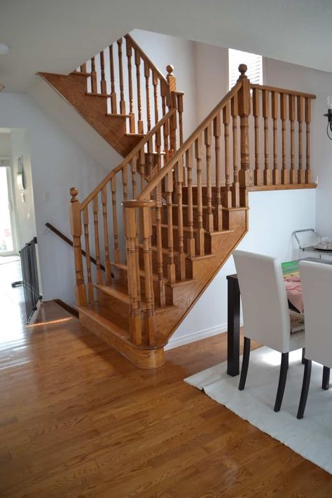 How To Refinish And Modernize Your Oak Stairs Refinish Staircase, Refinish Stairs, Banister Remodel, Oak Banister, Stair Railing Makeover, Diy Staircase Makeover, Stairs Renovation, Stair Makeover, Hardwood Stairs