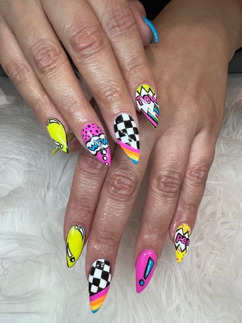 90s Pop Art Nails, Pop Art Pedicure, Pop Art Short Nails, Pop Art Nails Short, Comic Art Nails Design, Pop Art Nails Designs Comic Books, Comic Book Nails Designs, 80’s Nails, 80s Nail Art