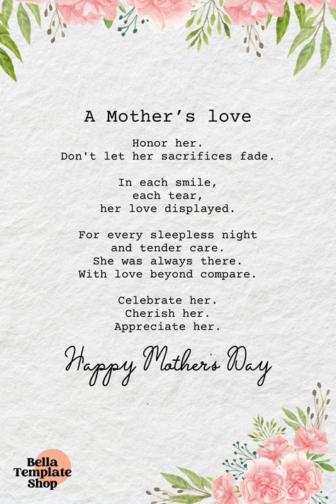 Mother's Day is a time to reflect on the sacrifices Mothers have made. This poem reminds us of their strength, love, and devotion. Share it with someone special to honor Mothers everywhere. A Mother's Love, Mother's Love, Ticket Template, Felt Hearts, Mothers Love, Family Love, Mother’s Day, Special Day, Mother's Day