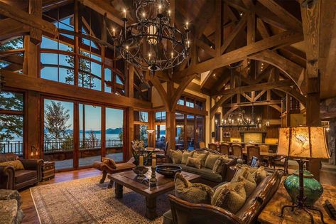 Stunning lodge style home with old world luxury overlooking Lake Tahoe Log Cabin Mansions, Cabin Homes Interior, Lodge Style Home, Cabin Mansion, Luxury Log Cabins, Popular Living Room, Homes Interior, Log Cabin Homes, Lodge Style