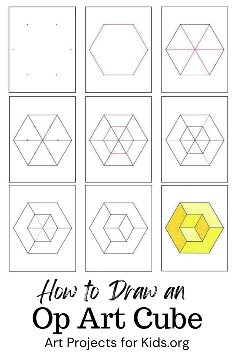 Op Art Tutorial, Op Art Lessons Step By Step, How To Draw A Cube, Easy Op Art Step By Step, Op Art Step By Step, Op Art Ideas, Easy Op Art, Op Art Projects, Op Art Lessons