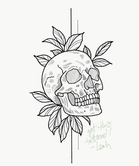 Simple Skull And Flower Tattoo Drawing, Skull Tattoos Small Simple, Skull With Leaves Tattoo, Skull Tattoo Drawings Sketches, Skull Ideas Drawings, Skull Small Tattoo Design, Simplistic Skull Tattoo, Fine Line Skull Tattoo Design, Mini Skull Drawing