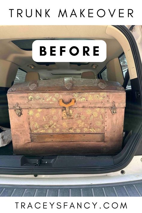 large wooden trunk in the trunk of a car ready for a makeover Trunk Redo Ideas Diy, Painted Trunk Ideas Diy, Homemade Toy Box Ideas, Old Trunk Ideas Repurposed, Metal Trunk Makeover, Old Trunk Redo, Vintage Trunks Makeover, Trunk Redo, Toy Trunk