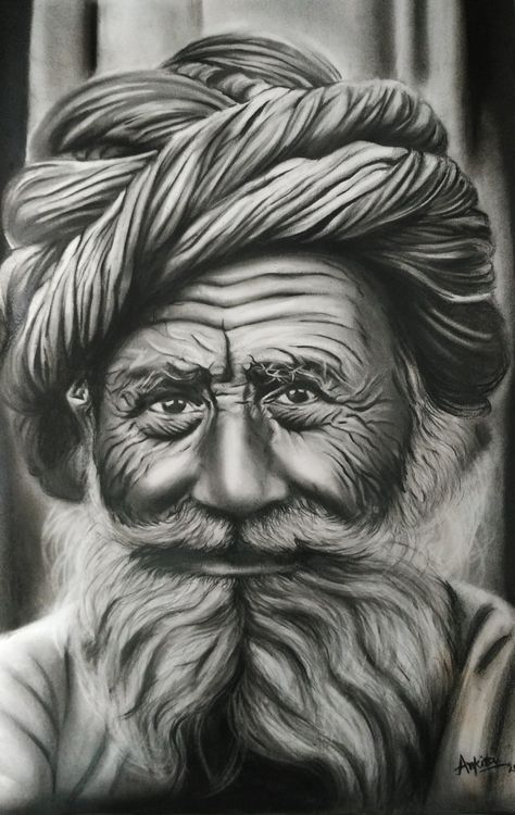 Charcoal Sketches Realistic, Charcoal Portrait Realistic, Man With Turban, Charcoal Sketches, Portrait Realistic, Start Drawing, Hand Drawn Portraits, Custom Pencils, Charcoal Sketch