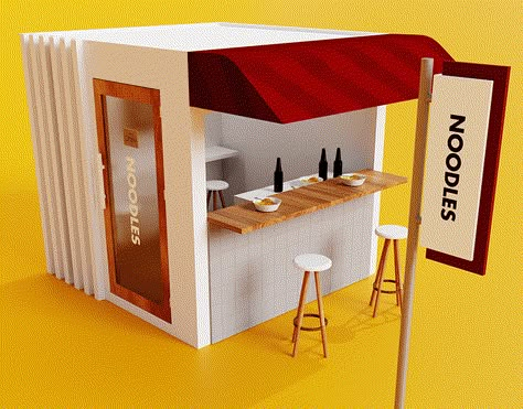 Mini Outlet / Food Stall Concept for Chicken Noodles. Modelling and Render on Blender 3D. Designed by Daniel Herdianto Food Outlets Design, Outlet Design Food, Food Stall Design Ideas Simple, Mini Shop Design, Blue Interior Doors, Food Stand Design, Food Stall Design, Small Coffee Shop, Food Kiosk