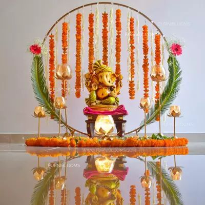 Order Mandir Package-3 Online From Furni-Blooms,Noida Pooja Decoration Ideas, Ganesha Pooja, Gauri Decoration, Ideas Background, Circular Backdrop, Ganpati Decoration Theme, Ganesh Chaturthi Decoration, Pooja Decoration, Indian Wall Art