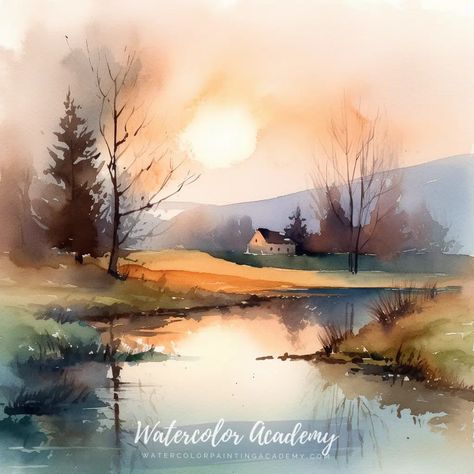 Fall Watercolor Landscape Easy, Watercolor Scenery Easy, Easy Watercolor Landscape, Watercolour Landscapes, Watercolor Landscape Paintings Village, Wayercolor Trees, Landscape Watercolor, Easy Forest Watercolor, Fall Forest Watercolor Painting