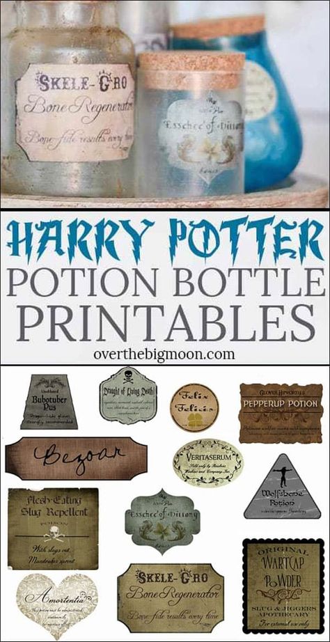 These Harry Potter Potions make the perfect decoration for any Harry Potter party or Halloween decoration. Print these Free Printable Harry Potter Potion Bottle Labels and follow the instructions below to create your own HP Potion collection! From overthebigmoon.com! #harrypotter #potionbottles #harrypotterpotions #hppotions #hogwarts Harry Potter Potions Names, Harry Potter Potion Ingredients List, Harry Potter Chemistry, Harry Potter Paper Crafts Free Printable, Harry Potter Themed Crafts, Classy Harry Potter Decor, Printable Harry Potter Potion Labels, Harry Potter Potions Labels Printables, Potion Bottle Labels Printable Free