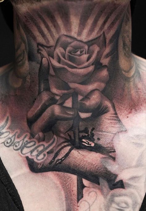 Rose Throat Tattoo Men, Throat Tattoo Men, Neck And Throat Tattoos Men, Devine Tattoo, Neck Tats, Photographer Tattoo, Forearm Tattoo Quotes, Best Neck Tattoos, Side Neck Tattoo