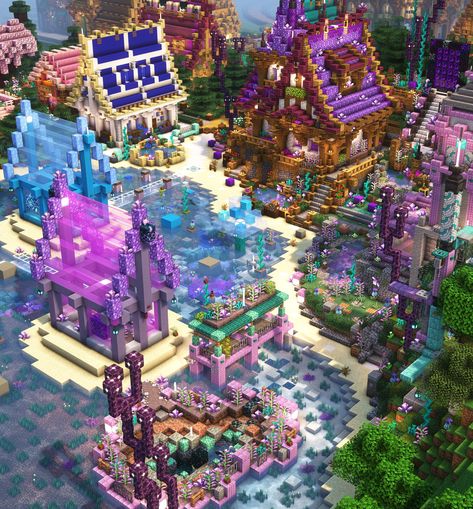 Minecraft Jungle Survival Base, Alice In Wonderland Minecraft Builds, Fairycore Castle, Minecraft Build Themes, Colorful Minecraft Builds, Megabase Minecraft, Minecraft Big Base, Minecraft Village Layout, Fairy Village Minecraft