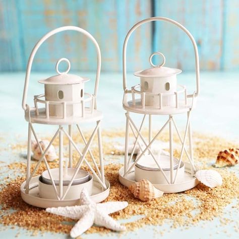 Kate Aspen by The Sea Lighthouse Tea Light Holders (Set of 4), Beach Wedding Favors, Nautical Decor, Coastal Decor, Ocean Decorations, White Lighthouse Candle Holder, Nautical Favors, Beach Theme Wedding Favors, Sea Lighthouse, Ocean Wedding Theme, Beach Favors, From Sea To Shining Sea, Mini Lanterns, Sea To Shining Sea