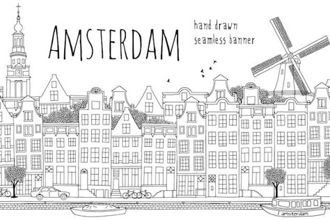 Location Graphic, Coloring House, Amsterdam Skyline, Amsterdam Art, Travel Journal Scrapbook, Amsterdam Houses, City Vector, Baby Blue Aesthetic, Detailed Coloring Pages