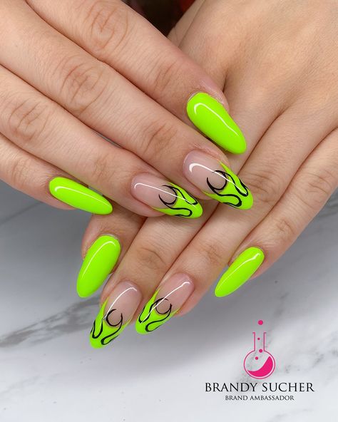 Turning up the heat with these fierce lime green and black flame nails! 🔥💅🏻 Who’s ready to rock this fiery look? @lightelegancehq products -Groovy Green Buttercream ✨Use my code “BRANDY15” to get 15% off your first order✨ #summernails #frenchnails #flamenails #nailart #lebrandambassador #getklawed #480nails #602nails #aznails #nailsmagazine #tempe #nails #nailsofinstagram #nailinspo #independentnailtech #gelx #acrylicnails #gelnails #hardgelnails #hardgel #biabnails Green Flame Nail Art, Black Flame Nails, Brat Nails, Green Buttercream, Lime Green Nails, Flame Nails, Hard Gel Nails, Black Flame, Hard Gel