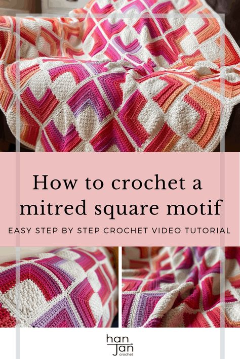 Add hot and zingy colour to your life with this geometric square crochet blanket. It’s beginner friendly and super easy to construct. The the matching square pattern makes it a perfect tv project and a great stash buster! Perfect for your sofa, bed, lap, picnic or to make a den with!  It also includes a video tutorial for the mitred square crochet motif that creates a stunning optical illusion design and ombre colour effect. #squarecrochetblanket #beginnercrochetblanket #crochetsquare Motif Blanket, Square Crochet Blanket, Ombre Colour, Easy Beginner Crochet Patterns, Illusion Design, Colour Effect, Crochet Square Blanket, Afghans Crochet, Popular Crochet