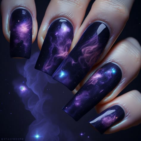 Simple Galaxy Nails, Acrylic Nails Galaxy, Nail Designs Galaxy, Black Galaxy Nails, Space Nails Galaxy, Space Themed Nails, Nebula Nails, Purple Galaxy Nails, Galaxy Nail Designs