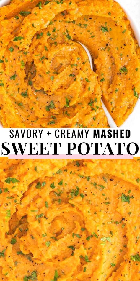 Savory mashed sweet potatoes are perfect as a side dish to pretty much anything, from Thanksgiving and any other winter holiday to cozy weeknight dinners. Take our recipe as a guideline and add more or less of the ingredients we mention based on your taste and the consistency of your sweet potatoes. For example, you might need a little more or less butter and milk than us. Garlic Mashed Sweet Potatoes, Vegan Sweet Potato Mash, Savory Mashed Sweet Potato Recipes, Sweet Potato Mashed Potatoes Healthy, Mashed Sweet Potato Recipe, Sweet Potatoes Mashed, Creamy Sweet Potatoes, Savory Mashed Sweet Potatoes, Sweet Mashed Potatoes