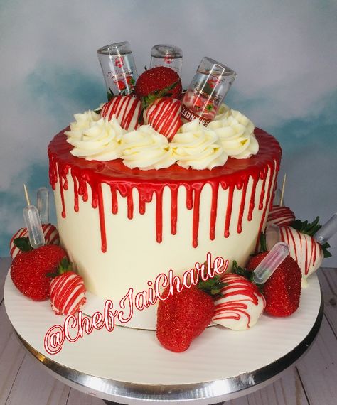 Red Velvet 21st Birthday Cake, Red 21st Birthday Cake, Red Birthday Cake For Men, Red And White Birthday Cake, Red Drip Cake, Red Cake Designs Birthday, Red Velvet Cake Recipe Easy, Alcohol Birthday Cake, Valentines Cakes And Cupcakes