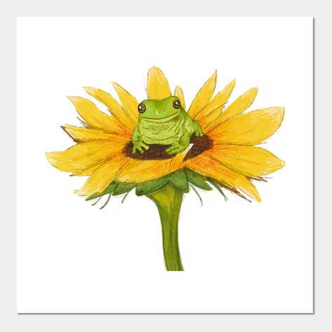 Frog And Sunflower Tattoo, Frog Sunflower Tattoo, Frog Canvas Painting, Frog Sunflower, Inktober 2023, Cute Sunflower, Frog Drawing, Preschool Arts And Crafts, Awesome Tattoos