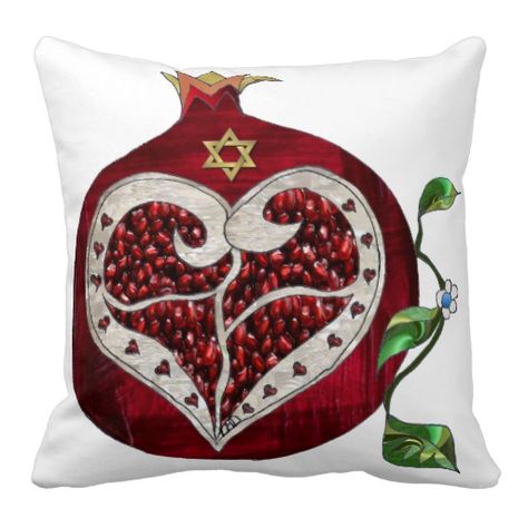 Judaica Pomegranate Heart Hanukkah Rosh Hashanah Throw Pillows by Lee Hiller Pomegranate Heart, Pomegranate Art, Pomegranate Design, Judaica Art, Judaica Gifts, Rose Of Sharon, Rosh Hashanah, Woven Blanket, Romantic Gift