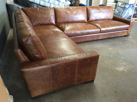 Leather Sofa Deep, Leather Pit Couch, Deep Seated Leather Couch, Leather Sectional Living Room Cozy, Leather Sectional Living Room Farmhouse, Family Room Leather Sectional, Pillows On Leather Sectional, Oversized Leather Sectional, Deep Leather Sectional