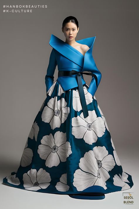 Hanbok Re-Imagined:  Asymmetrical Beauty Hanbok Pattern, Unusual Dresses, Modern Hanbok, Chic Dress Classy, Seoul Fashion Week, Asymmetrical Neckline, Fashion Images, Vibrant Blue, Cheongsam