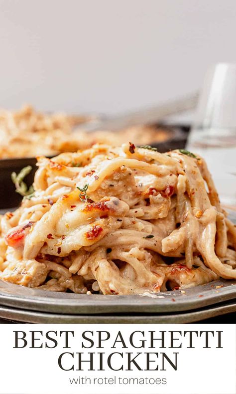 This spaghetti chicken recipe is a hearty dish featuring al dente cooked pasta and tender chicken seared in herbs, covered in a smooth and creamy sauce, and topped with melted cheese. It's the ultimate comfort food that will easily become a family favorite. Chicken Spaghetti Recipe No Canned Soup, Healthier Chicken Spaghetti, Chicken Spaghetti Rotel Velveeta, Chicken In Spaghetti Sauce, Chicken Spaghetti Without Rotel, Chicken Spaghetti Cream Cheese, Canned Chicken Spaghetti Recipes, Ultimate Chicken Spaghetti, Chicken Spaghetti Recipe Stovetop