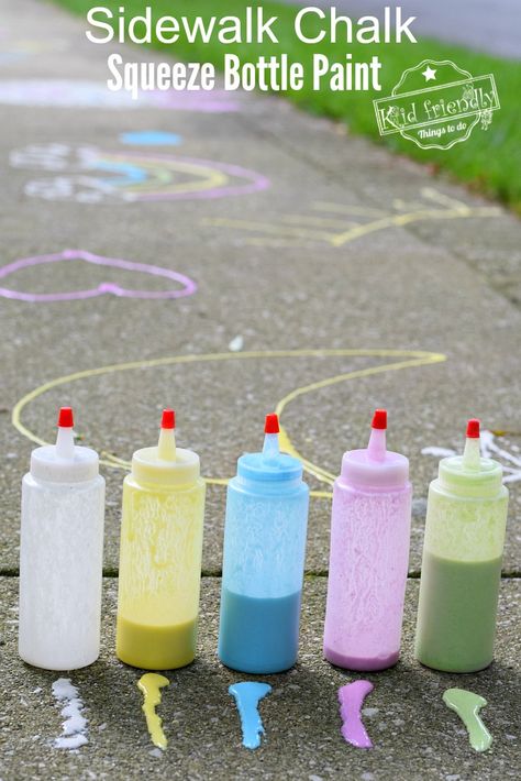 Make Puffy Sidewalk Chalk paint in squeeze bottles to get the kids playing outside and have some fun this summer. Easy to make and fun for all ages. Made with washable kid's paint and flour for easy cleanup. www.kidfriendlythingstodo.com #puffy #sidewalkchalk #paint #kids #fun #easy Squeeze Bottle Activities, Puffy Sidewalk Chalk Paint, Puffy Art, Sidewalk Chalk Recipe, Kids Playing Outside, Sidewalk Chalk Paint, Sidewalk Paint, Fun Summer Crafts, Homemade Paint