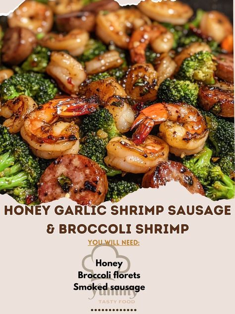 🍤🥦 Satisfy your cravings with this savory Honey Garlic Shrimp, Sausage & Broccoli—sweet, tangy, and oh-so-delicious! 🍽️🔥 #QuickMeals #FlavorExplosion Honey Garlic Shrimp, Sausage & Broccoli Ingredients: Shrimp, peeled and deveined (1 lb) Smoked sausage, sliced (12 oz) Broccoli florets (3 cups) Honey (1/4 cup) Soy sauce (1/4 cup) Garlic, minced (4 cloves) Olive oil (2 tbsp) Red pepper flakes (1/4 tsp, optional) Salt and pepper (to taste) Instructions: In a bowl, mix honey, soy sauce, garli... Shrimp Sausage Broccoli, Honey Garlic Shrimp Sausage And Broccoli, Shrimp Stuffed Mushrooms, Honey Shrimp, Broccoli Dishes, Shrimp Sausage, Shrimp And Broccoli, Healthy Mom, Garlic Shrimp