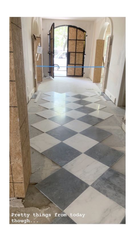 Entrance Hall Floor Tiles, Black And White Checkered Floor Entryway, Light Grey Checkered Floor, Blue And White Checkered Marble Floor, Checkered Tile Floor Entryway, Contemporary Kitchen Tile Floor, Tile In Entryway, Light Checkered Floor, Marbled Checkered Floors