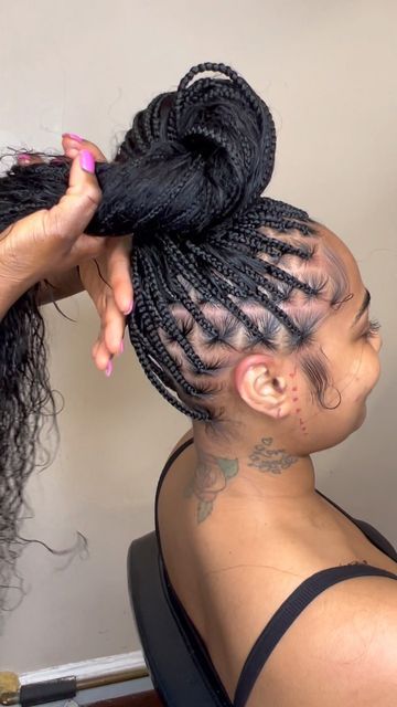 Bohemian Knotless Braids In A Bun, Bohemian Braids In A Bun, Box Braid Bun For Black Women, Boho Knotless Braids In A Bun, Bohemian Knotless Braids Bun, Boho Knotless Braids Bun, Boho Braids In A Bun, Knotless In A Bun, Goddess Braids In A Bun