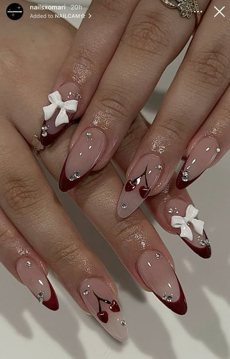 Rihnstone Placement Nails, My Nails Aesthetic, Kawaii Almond Nails, Almond Nails Inspo Aesthetic, Aesthic Nails, Nails Extension Designs, Nail Art With Charms, Gelx Inspo Nails, Valentines Day Nails Almond