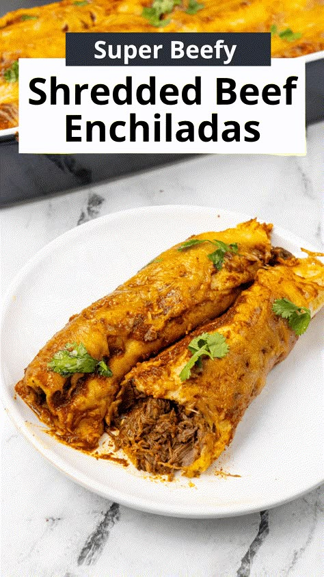 : Tender and juicy shredded beef ( cooked in a crock pot) wrapped in warm tortillas and smothered in red sauce and melted cheese. This shredded beef enchilada recipe is easy, simple, and delicious. Enchilada Shredded Beef, Beef Enchiladas With Red Sauce, Shredded Beef For Burritos, Mexican Shredded Beef Stove Top, Shredded Beef For Enchiladas, Authentic Mexican Shredded Beef, Bbq Brisket Recipes, Shredded Beef Enchiladas, Shredded Beef Recipes