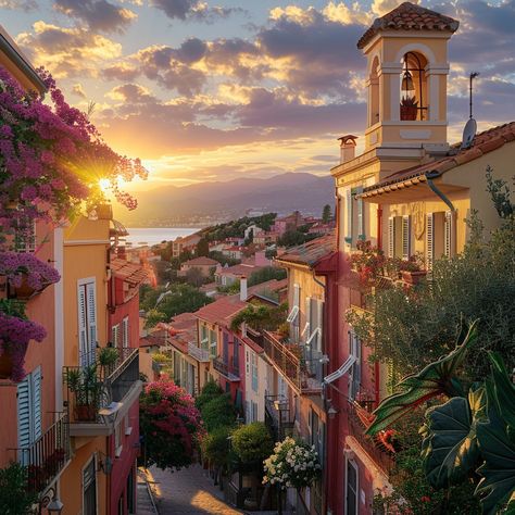 "Mediterranean Sunset Charm: A tranquil #sunset bathes a quaint #Mediterranean street in warm hues, highlighting the #bougainvillea and #architecture. #tranquility #aiart #aiphoto #stockcake ⬇️ #Download and 📝 #Prompt 👉 https://stockcake.com/i/mediterranean-sunset-charm_806833_1077516" Mediterranean Cities, Desert Kingdom, Mediterranean City, City Summer, Image Downloads, Night Art, Bougainvillea, Go Camping, Urban Landscape