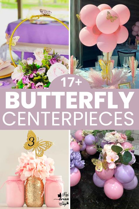 butterfly centerpieces Butterfly 1st Birthday Party Theme Diy, Butterfly Cake Table Ideas, Butterfly Table Centerpieces Baby Shower, Butterfly Table Centerpieces Diy, Flower Butterfly Party, Dollar Tree Butterfly Centerpieces, Centerpieces Butterfly Theme, Butterfly Party Decorations Centerpieces, Garden Butterfly Baby Shower Theme