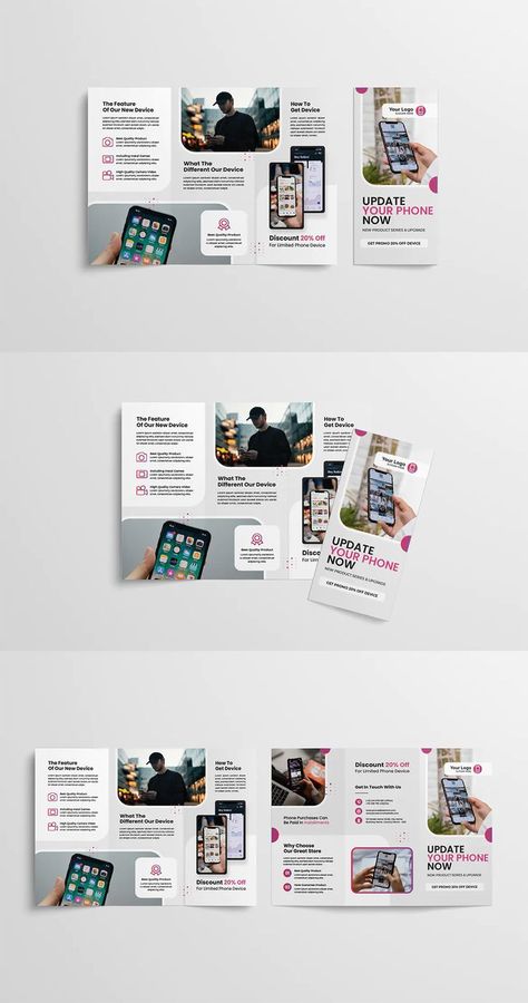 Phone Trifold Brochure Template AI, EPS Mobile App Templates, Brochure Design Layout, Brochure Design Templates, Trifold Brochure Design, Fashion Poster Design, Booklet Design, Trifold Brochure Template, Ted Talk, App Template