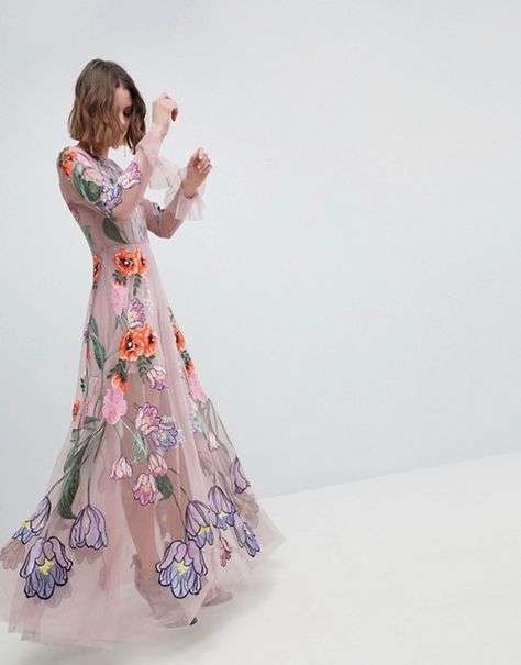 ASOS Edition | ASOS EDITION Embroidered Floral Maxi Dress Embroidered Dress Formal, Floral Dress Wedding Guest, Wedding Guest Outfit Spring, Sheer Floral Dress, Floral Tulle Dress, Floral Dress Outfits, Embroidered Tulle Dress, Plunge Maxi Dress, Floral Embroidery Dress