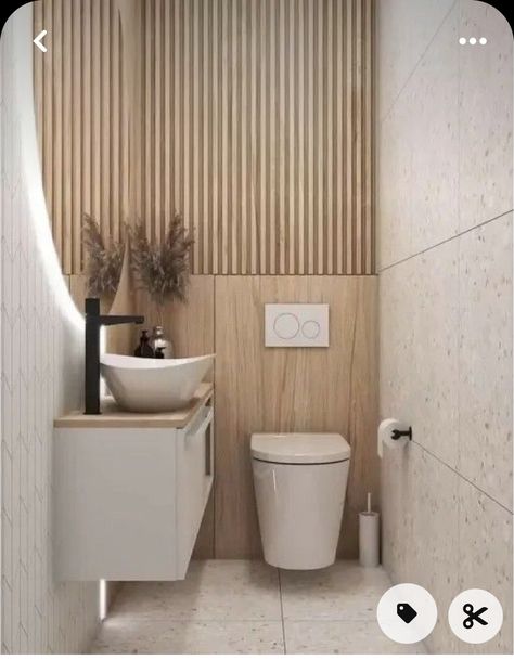 Powder Room ￼ ￼ ￼ ￼ ￼ Muji Restroom, Powder Room Scandinavian, Powder Room Half Wall Tile, Scandi Powder Room, Powder Room Under Staircase, Japandi Powder Room, Scandinavian Powder Room, Narrow Powder Room, Neutral Powder Room