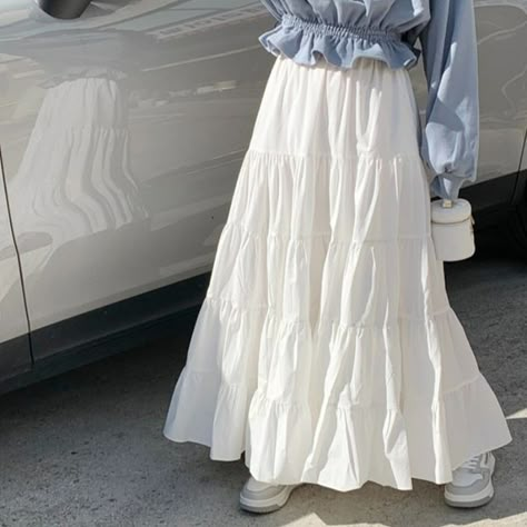 MIKIGA - Elastic Waist Tiered Maxi Skirt | YesStyle Tired Maxi Skirt, Maxi Skirt Cottagecore, White Skirt Maxi, Cute Long Skirt Outfits For Summer, Styling Maxi Skirt Summer, Japanese Maxi Skirt Outfit, White Tiered Maxi Skirt, White Cotton Long Skirt, How To Style Maxi Skirts