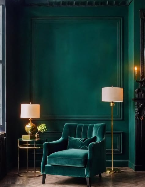 Studio Color Scheme, Dark Aesthetic Living Room, Dark Teal Interior, Teal Living Room Ideas, Aesthetic Living Room Ideas, Office Bedroom Ideas, Dark Living Room Ideas, Pole Studio, Dark Accent Walls