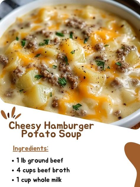 Cheesy Hamburger Potato Soup, Hamburger Potato Soup, Corn Fritter Recipes, Macaroni Soup, Soup Ingredients, Hamburger Soup, Mushroom Soup Recipes, Fritter Recipes, Potato Soup Recipe