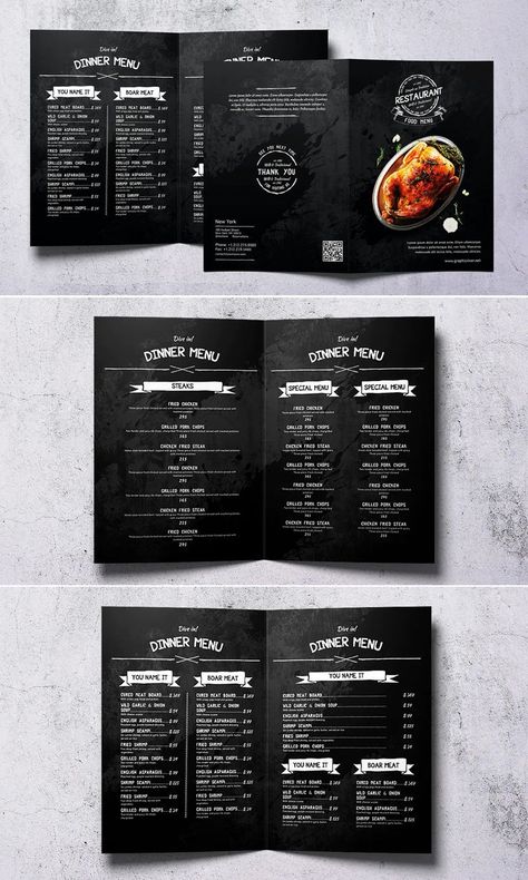 Vintage Dark Bi-Fold Food Menu Template PSD Bifold Menu Design, Dark Menu Design, Menu Design Ideas Templates, Resturant Menu, Dark Restaurant, Greek Menu, Menu Sans Gluten, Diner Menu, Dark Food