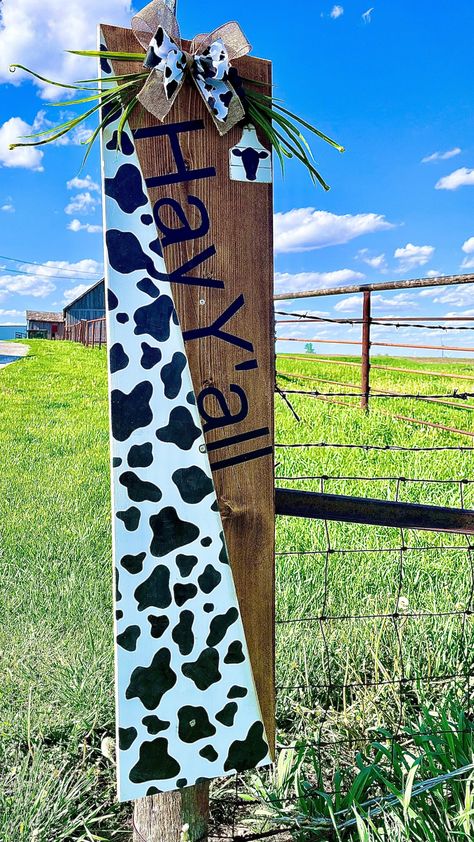 Welcome Sign Front Door Cow Print, 4ft Porch Signs, Boho Farmhouse Front Porch Decor, Cow Porch Signs, Cow Print Porch Sign, Hey Yall Door Sign, Cow Print Welcome Sign, Boho Back Porch, Cowgirl Crafts