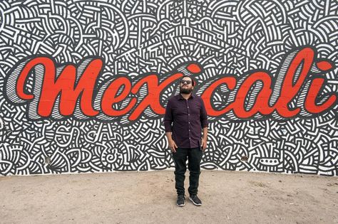 #CAsArt | La Frontera: Artists along the U.S.- Mexico Border - JM Gomez is a muralist who lives and works in Mexicali, Mexico. He studied architecture in Mexicali and Chile and painted murals in Mexicali, Mexico City  (for Design Week), worked with Bianchi, Volkswaggen. PPG, and many of the local producers of beer, food and artcraft. Mexico Border, Beer Food, Study Architecture, Design Week, Mexico City, The Locals, Beer, Arts And Crafts, Mural