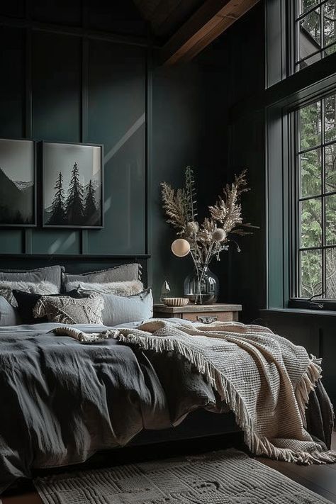 Basement Bedroom Ideas For Men, Moody Bedroom Black, Dark Cosy Bedroom, Monochromatic Bedrooms, Dark Wall Bedroom, Moody Dark Bedroom, Modern Moody Bedroom, Cozy Dark Bedroom, Moody Master