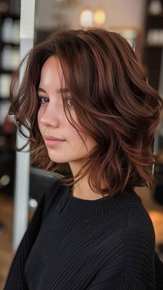 Going From Brown To Red, Red Tone Brunette Hair, Red Toned Brunette Hair, Medium Tone Hair Color, Red Brown Short Hair Color, Deep Dimensional Brunette, Dark Brown Hair With A Hint Of Red, Dark Brown Skin Hair Color Ideas, Dark Brown Hair Auburn Highlights